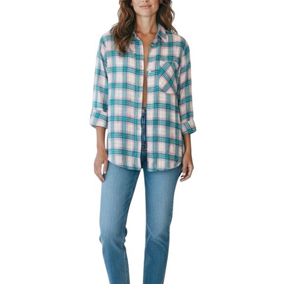 Lauren James Boyfriend Flannel PINK & GREEN Shirt size medium - Picture 1 of 15